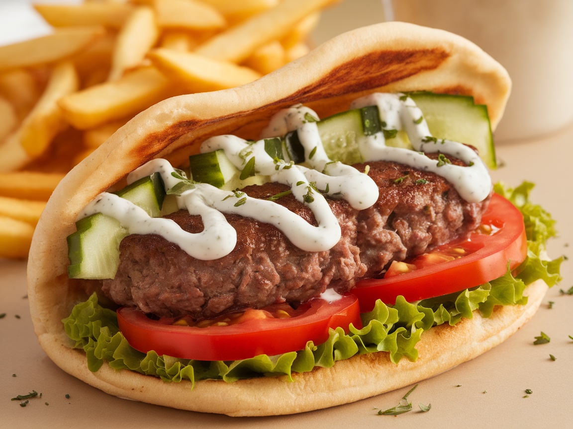 Smashburger Gyros Recipe Smashburger Gyro in pita with beef patty, lettuce, tomato, cucumber, and tzatziki sauce, served with fries.